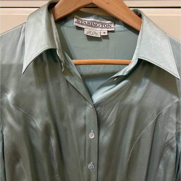 Y2K Vintage Starington 100% Silk Pale Blue Button Up Blouse Size 8 Soft Girl - Picture 5 of 5
